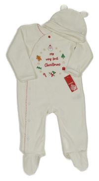 Nové - 2 set - bílý sametový overal s nápisem + čepice dunnes