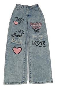 Modré melírované široké rifle sobrázky a dírami shein