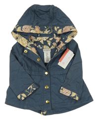 Nové - Tmavomodrá plátenná bunda s květovaným lemem a kapucňou