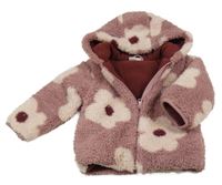 Ružová kvetovaná huňatá zateplená bunda s kapucňou Ergee