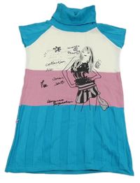 Modro-ružovo-biele pletené šaty s dívkou a rolákom