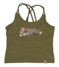 Khaki crop top s nápisem kvety a korálkami TCM