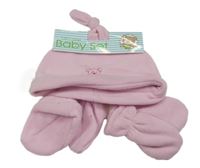 3set - Ružová fleecová čapica s medvídkem + fleecové capáčky + fleecové rukavice