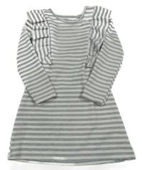 Šedo-bílé pruhované šaty s volánky 