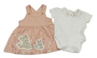 2set - Bílé body s květovaným límečkem + růžové laclové šaty s Bambim Disney