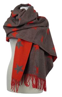 Dámská červeno-hnědá hvězdičkovaná šála s třásněmi 