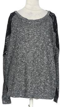 Dámske sivo-čierne melírované úpletové tričko s čipkou Atmosphere