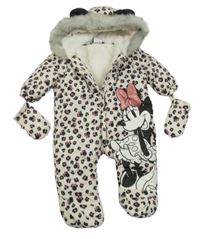 Smetanová šusťáková zimní kombinéza s flíčky, Minnie a kapucí+ rukavice Disney