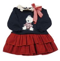 Tmavomodro-červené teplákovo/manšestrové šaty s pejskem