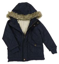 Tmavomodrá šusťáková prošívaná zimní bunda s kapucí 