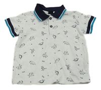 Bielo-tmavomodré polo tričko s dinosaurami Kiki&Koko