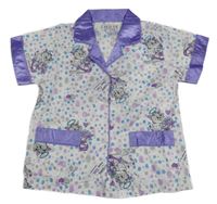 Bílo-fialové vzorované propínací pyžamové triko s kočkami 