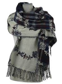 Dámská modro-bíloí-černá vzorovaná šála s třásněmi 