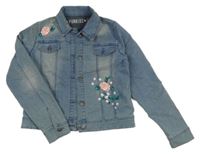 Modrá rifľová crop bunda s růžemi