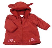 Červená šusťáková zimní bunda s kytičkami a kapucí H&M