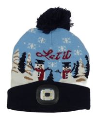 Světle-tmavomodrá čepice se sněhuláky a LED světlem