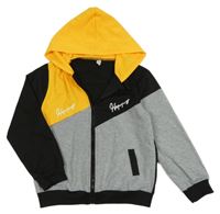 Čierno-žlto-sivá prepínaci mikina s nápisom a kapucňou