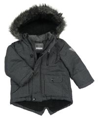 Tmavošedá melírovaná šusťáková zimní parka s kapucí s kožešinou PRIMARK