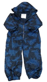 Tmavomodrá šusťáková podšitá kombinéza s dinosaury a kapucí Matalan