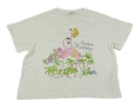 Bílé crop tričko s plameňáky ZARA