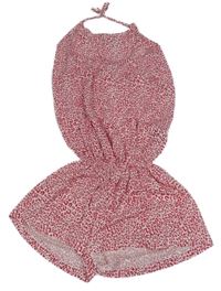 Bílo-červený vzorovaný kraťasový overal s kamínky 