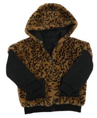 Hnědo-černá leopardí kožešinovo/tepláková podšitá bunda s kapucí 