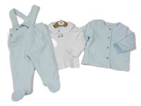 Nové - 3set - Světlemodrá prošívaná propínací mikina + triko + polodupky s kšandami 