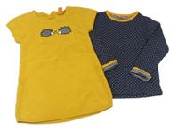 2set - Tmavomodré puntíkované triko + okrové svetrové šaty s ježečky Pusblu