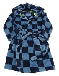 Tmavomodro-modrý kostkovaný chlupatý župan s kapucí zn George 