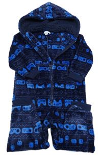 Tmavomodro-modrá chlupatá kombinéza s ovladači a kapucí M&Co.