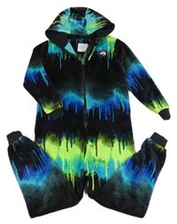 Černo-zeleno-modrá vzorovaná chlupatá kombinéza s kapucí Next