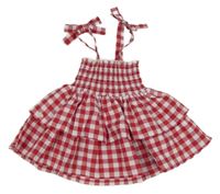 Červeno-biele kockované plátenné vrstvené žabičkové šaty