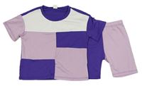 2Set - Fialovo-bílo-tmavofialové sportovní tričko + elastické kraťasy SHEIN