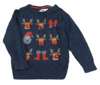 Tmavomodrý melírovaný vianočný sveter so sobmi a Santou C&A
