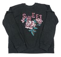 Čierna melírovaná mikina s růžemi a nápisem z flitrů a volánikmi C&A