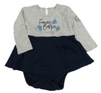 Sivo-tmavomodrá melírovaná šatová tunika s motýlikmi a nápismi a všitým body