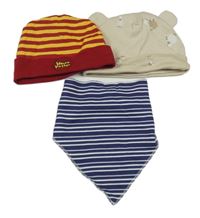 3Set - 2x - Čepice + 1x - tmavomodro/bílý pruhovaný šátek/slinták 