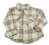 Smetanovo-světlehnědo-tmavomodrá kockovaná košeľová bunda ZARA