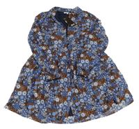 Nové - tmavomodro-zlaté pruhované květované propínací šaty s límečkem jbc