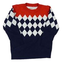 Tmavomodro-červeno-biely károvaný sveter