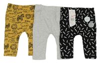 Nové - 3set - černé vzorované legíny + okrové so zvířaty + šedé melírované F&F
