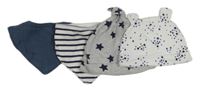 4set - Bílá bavlněná čepice s hvězdami + šedá melírovaná + tmavomodrý mušelínový slinták + bílo-tmavomodrý pruhovaný