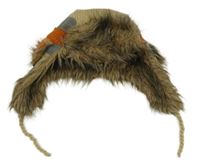 Béžovo-šedo-cihlová pruhovaná pleteno/kožešinová beranice