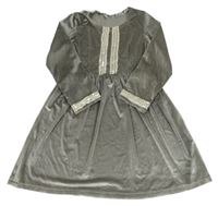 Sivé zamatové šaty s čipkou s flitrami