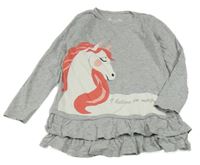 Sivá melírovaná tunika s jednorožcom a volánikmi