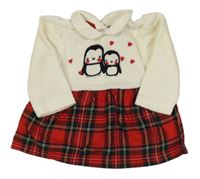 Smetanovo-červeno-barevná sametovo/plátěná šatová tunika s tučňáky a kostkovanou sukní Prénatal