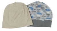 2x bavlněná čepice - béžová žebrovaná + světlešedá s hrochy