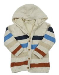 Béžovo-barevný pruhovaný podšitý propínací svetr s kapucí Tu