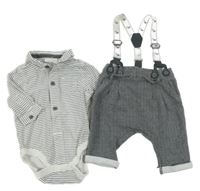 2set - Černo-bílé vzorované teplákové kalhoty s kšandami + bílo-antracitové pruhované košilové body Next