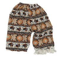 Bielo-čierno-oranžové vzorované ľahké culottes nohavice